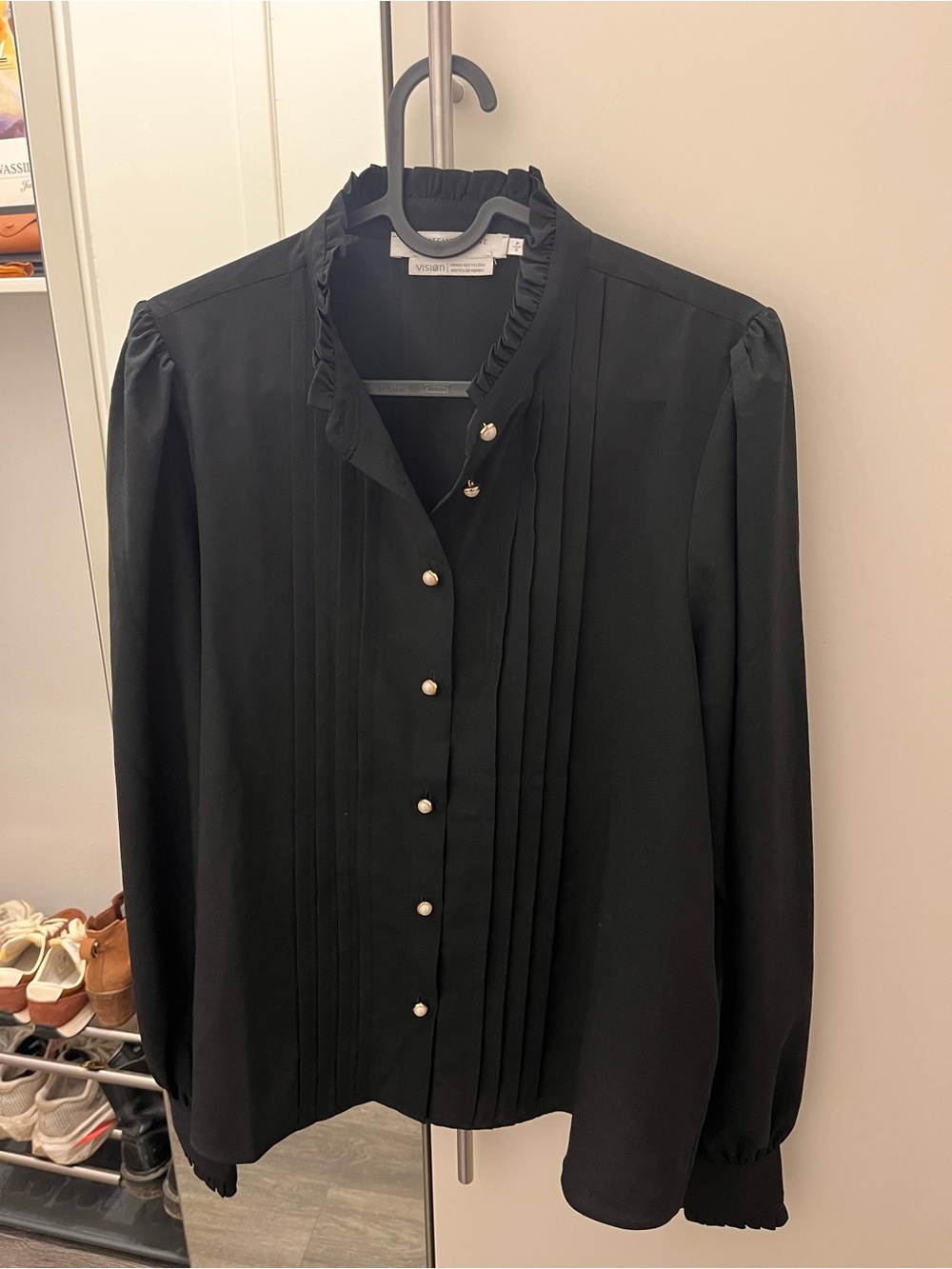 Simons Black Ruffle Collar Pleated Blouse Jacket
